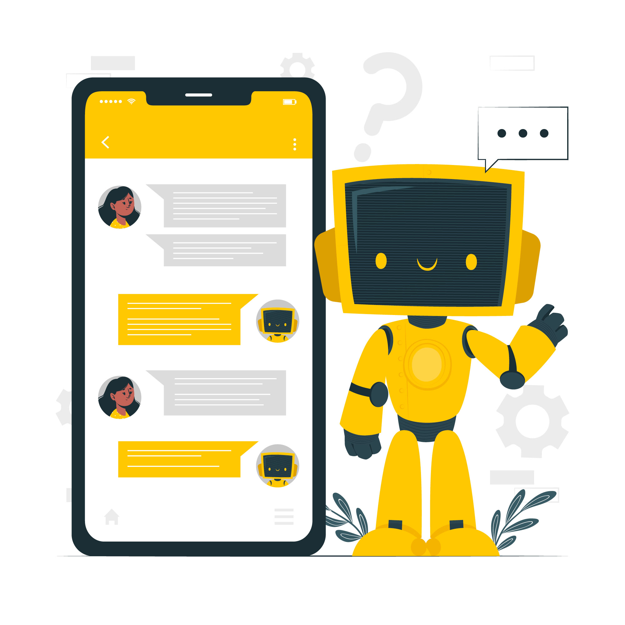 Illustration of chatbots handling complex queries using AI, showing context retention, human support, and smarter conversations.