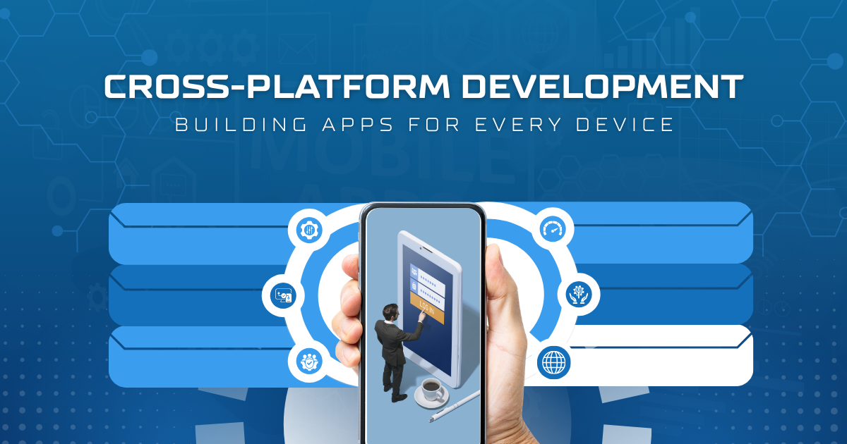 Cross-platform development illustration showing apps running seamlessly across mobile, tablet, and desktop devices